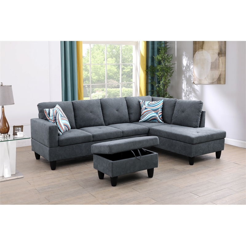 Starhome L Shaped Dark Gray Couch with Ottoman(Pillows Included) Microfiber