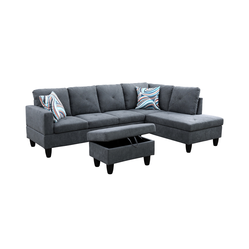 Starhome L Shaped Dark Gray Couch with Ottoman(Pillows Included) Microfiber