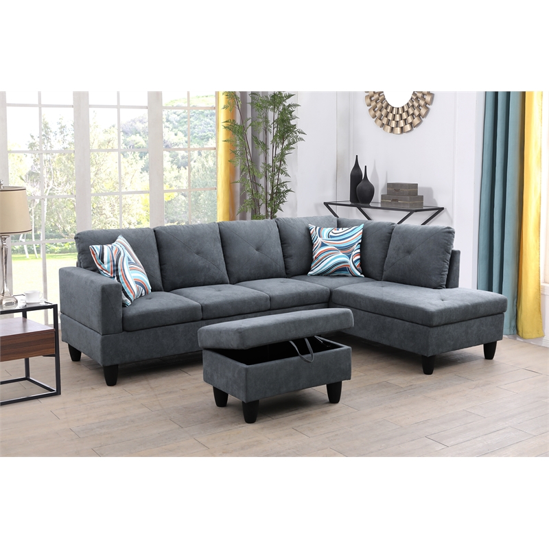 Starhome L Shaped Dark Gray Couch with Ottoman(Pillows Included) Microfiber