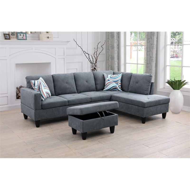 Starhome L Shaped Dark Gray Couch with Ottoman(Pillows Included) Microfiber
