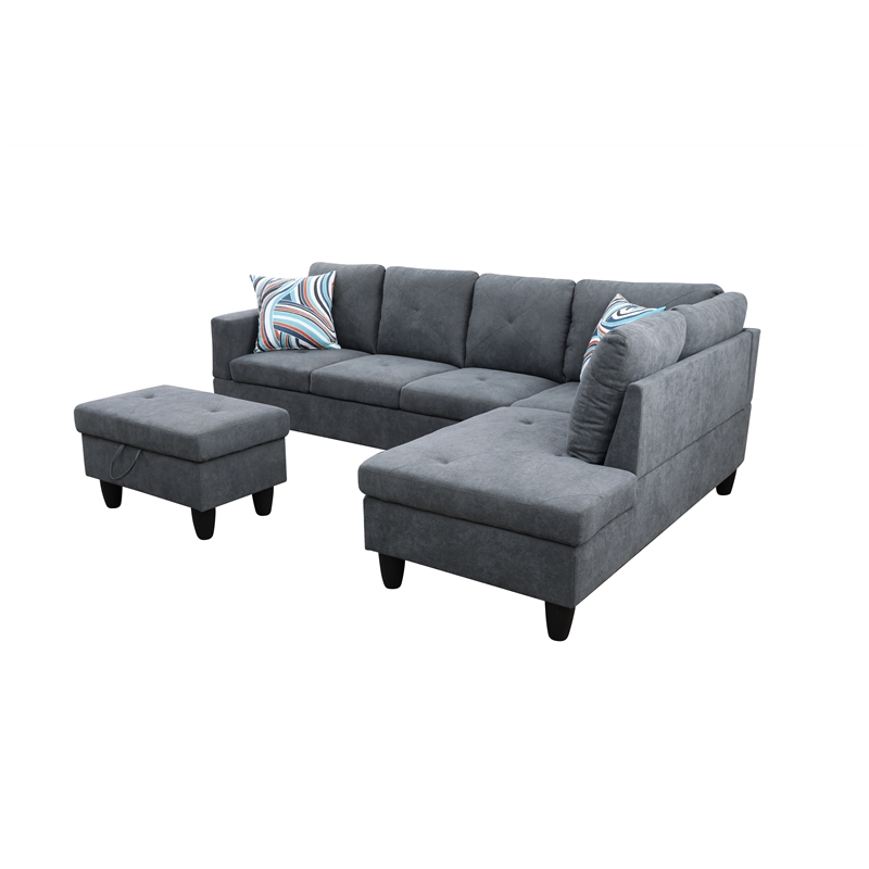 Starhome L Shaped Dark Gray Couch with Ottoman(Pillows Included) Microfiber