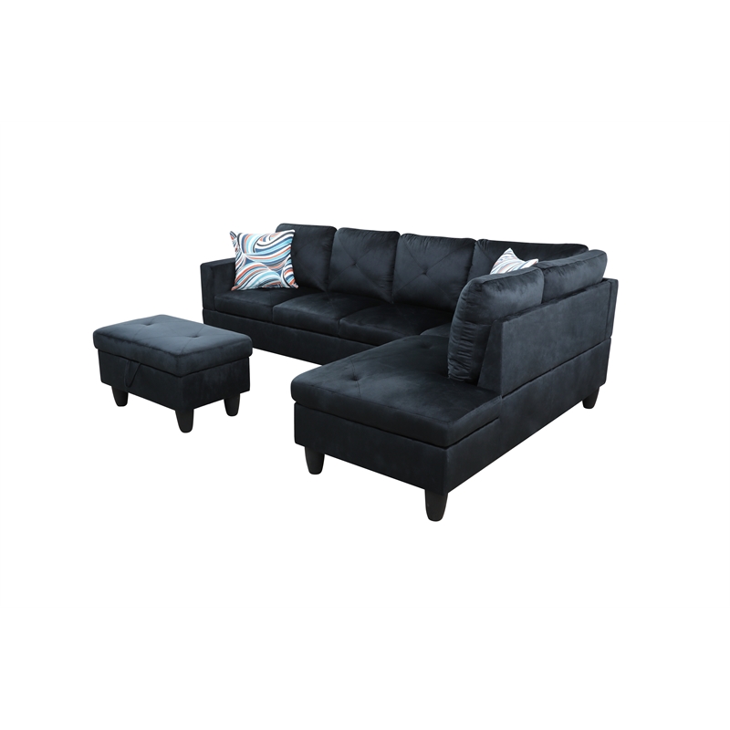 Starhome L Shaped Black Couch with Ottoman(Pillows Included) Microfiber