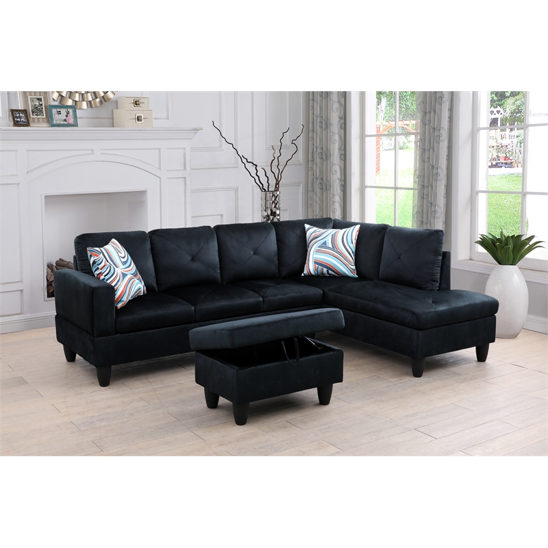 Starhome L Shaped Black Couch with Ottoman(Pillows Included) Microfiber