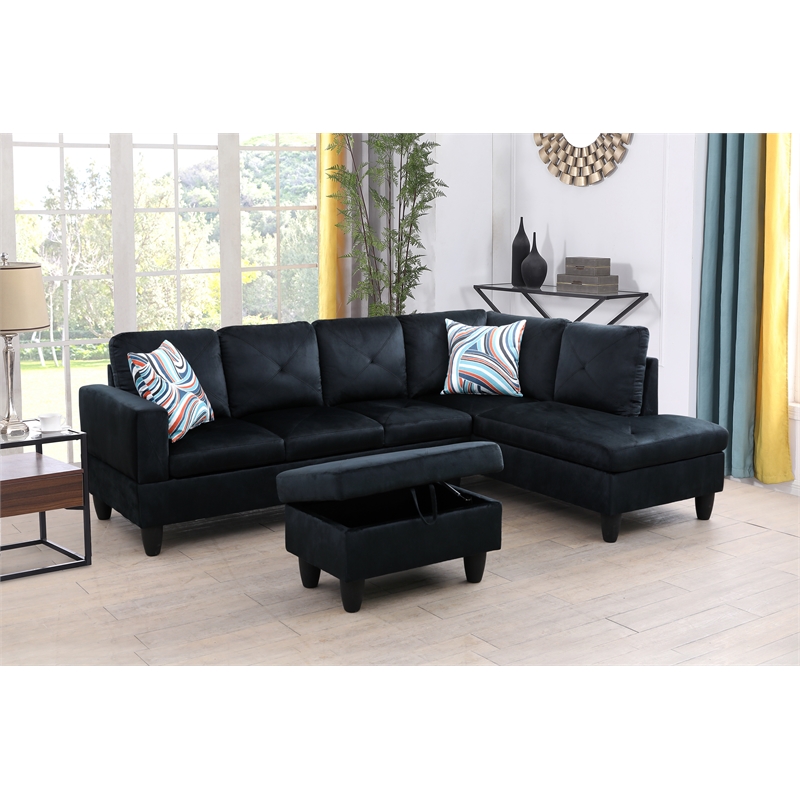 Starhome L Shaped Black Couch with Ottoman(Pillows Included) Microfiber
