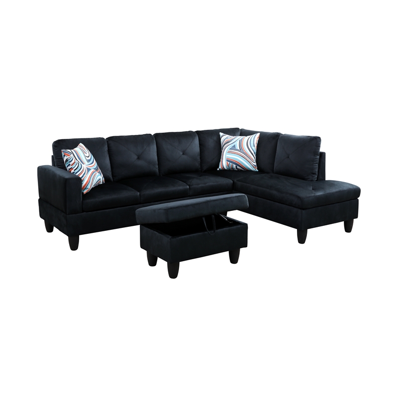 Starhome L Shaped Black Couch with Ottoman(Pillows Included) Microfiber