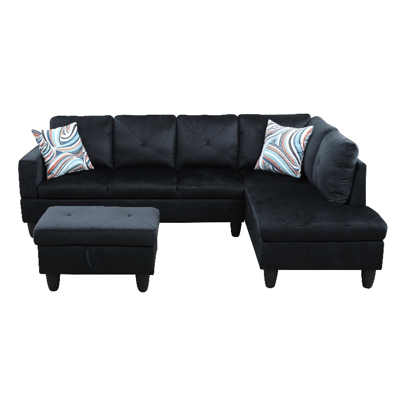 Starhome L Shaped Black Couch with Ottoman(Pillows Included) Microfiber