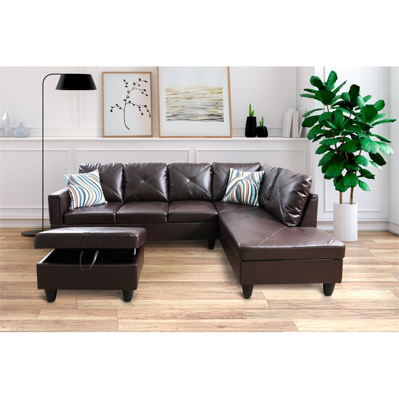 Starhome L Shaped Brown Couch with Ottoman(Pillows Included) Microfiber