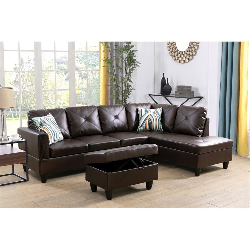 Starhome L Shaped Brown Couch with Ottoman(Pillows Included) Microfiber