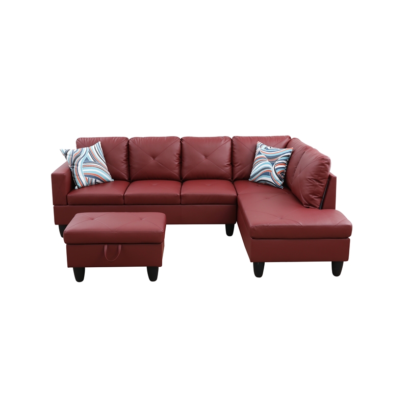 Starhome L Shaped Red Couch with Storage Ottoman(Pillows Included) Microfiber