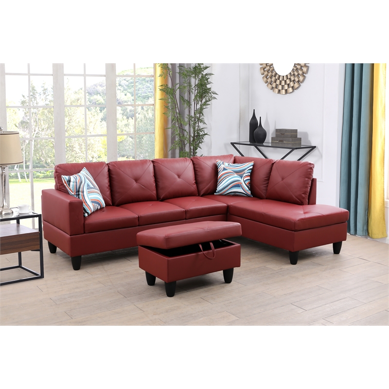 Starhome L Shaped Red Couch with Storage Ottoman(Pillows Included) Microfiber