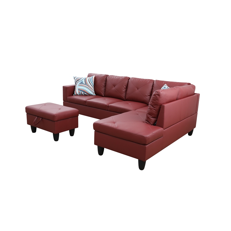 Starhome L Shaped Red Couch with Storage Ottoman(Pillows Included) Microfiber