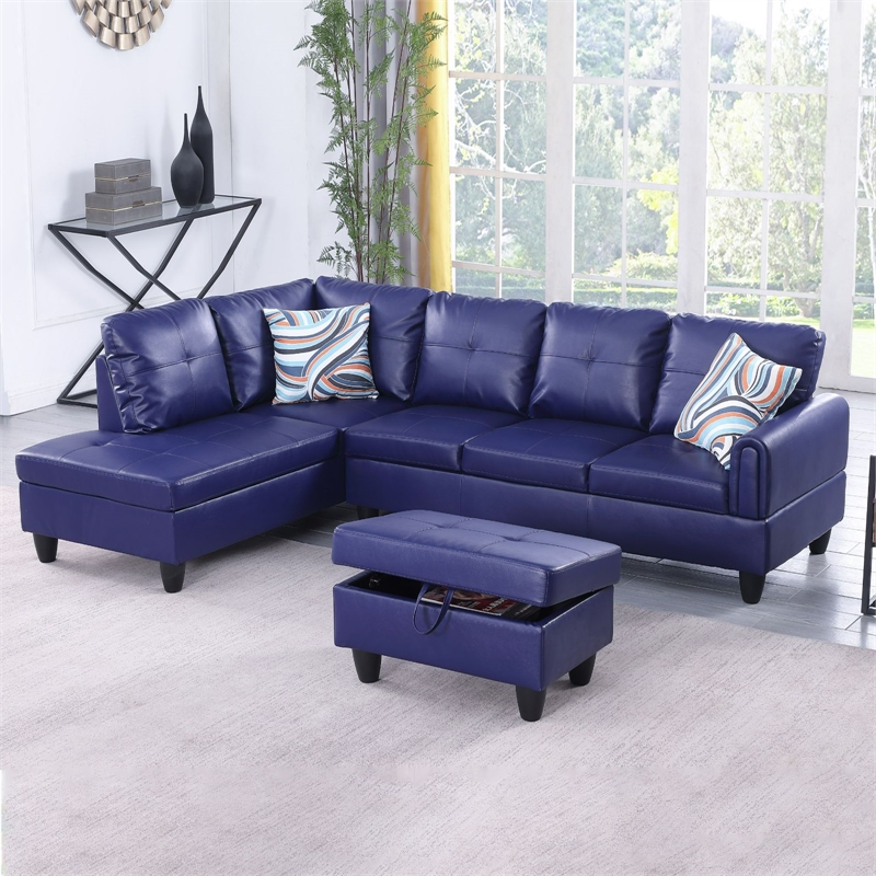 Star Home Living 3-Piece Faux Leather Left Facing Sectional in Navy Blue