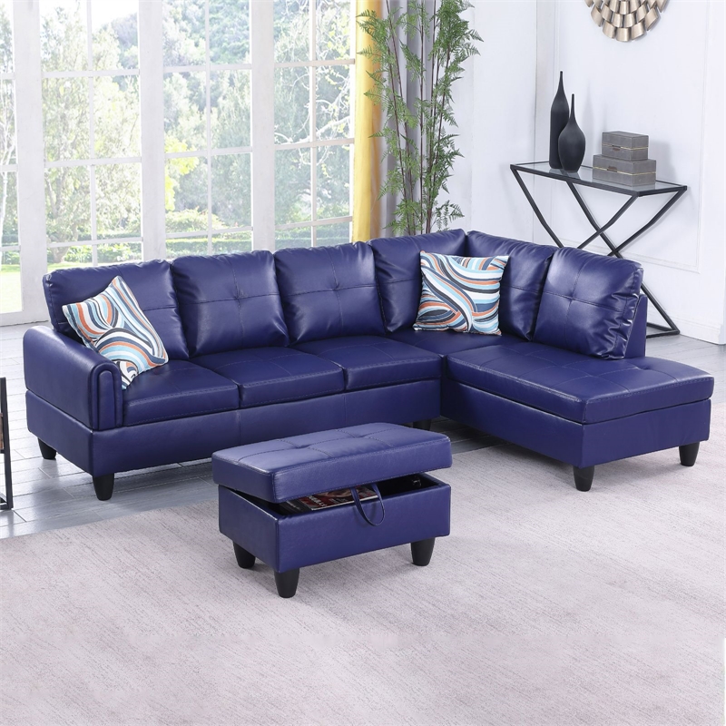 Star Home Living 3-Piece Faux Leather Right Facing Sectional in Navy Blue