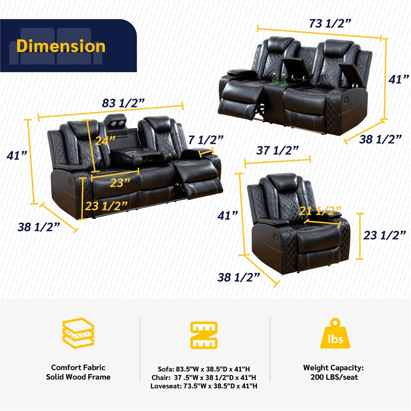 Beverly Fine Funiture Katie 3 Piece Faux Leather Recliner Living Room Set Black