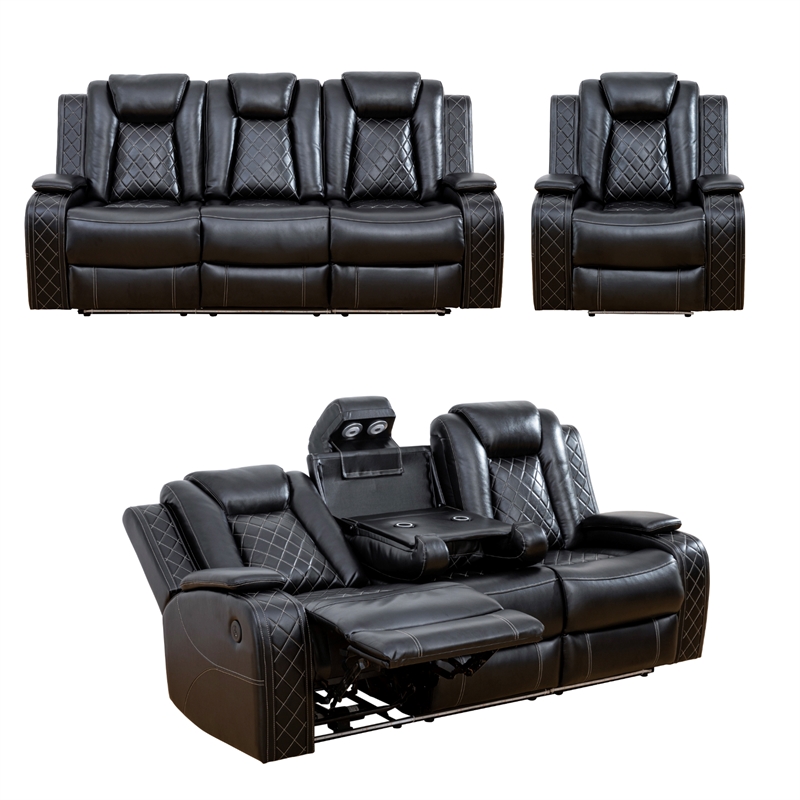 Beverly Fine Funiture Katie 3 Piece Faux Leather Recliner Living Room Set Black