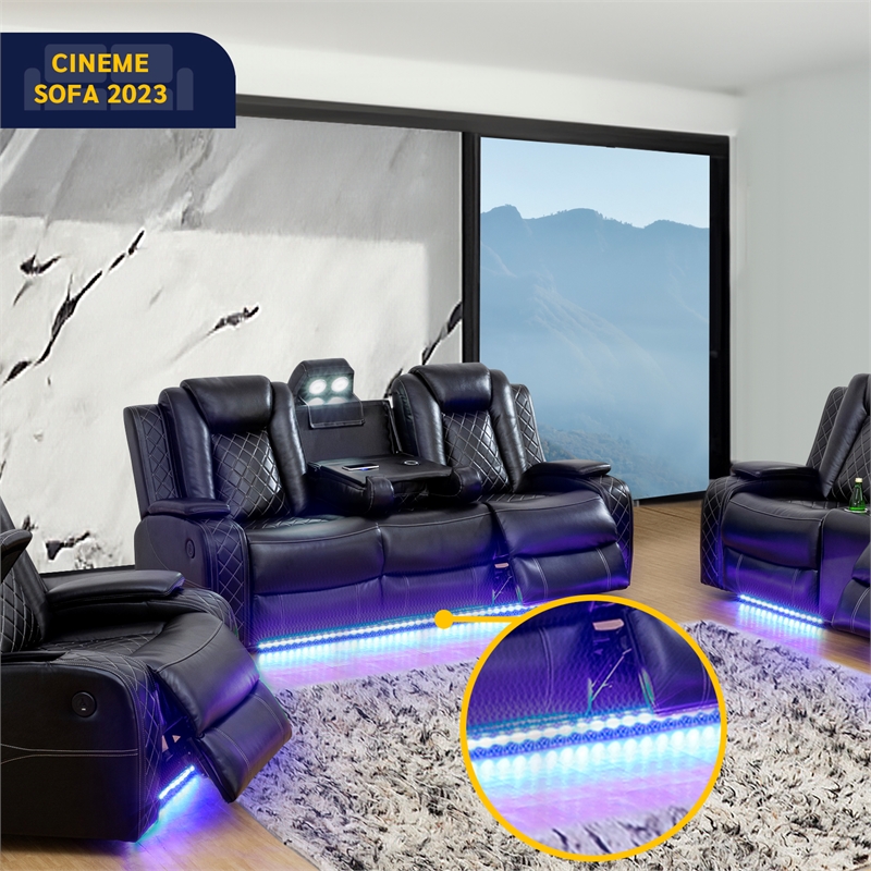 Beverly Fine Funiture Katie 3 Piece Faux Leather Recliner Living Room Set Black