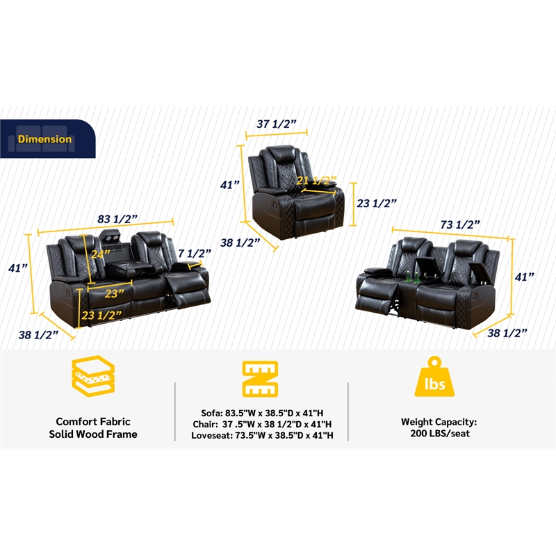 Beverly Fine Funiture Katie 3 Piece Faux Leather Recliner Living Room Set Black