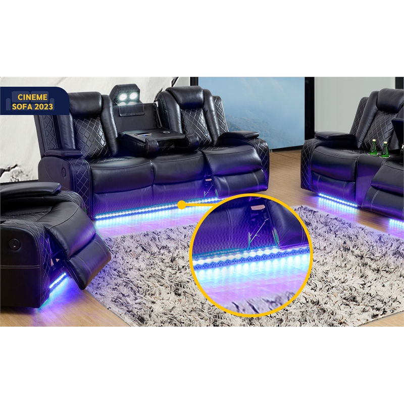 Beverly Fine Funiture Katie 3 Piece Faux Leather Recliner Living Room Set Black