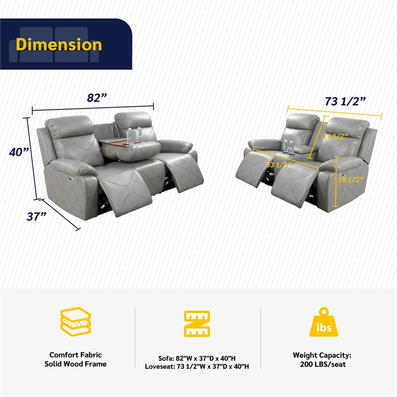 Condio Living Room Recliner Set Loveseat and Sofa Gray