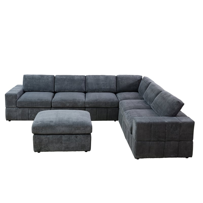 Plush Dark Grey Corduroy Sofa Set with Ottoman