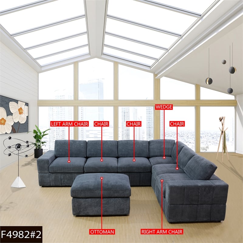 Plush Dark Grey Corduroy Sofa Set with Ottoman