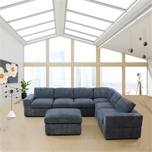 Plush Dark Grey Corduroy Sofa Set with Ottoman