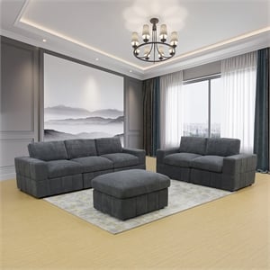 Dark Grey Corduroy 6-Piece Living Room Sofa Set with Ottoman