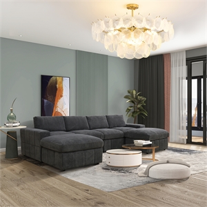 Dark Grey Corduroy 6-Piece Living Room Sofa Set with Ottoman