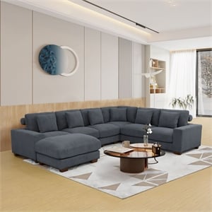 Dark Grey Corduroy 7-Piece Living Room Sofa Set with Ottoman