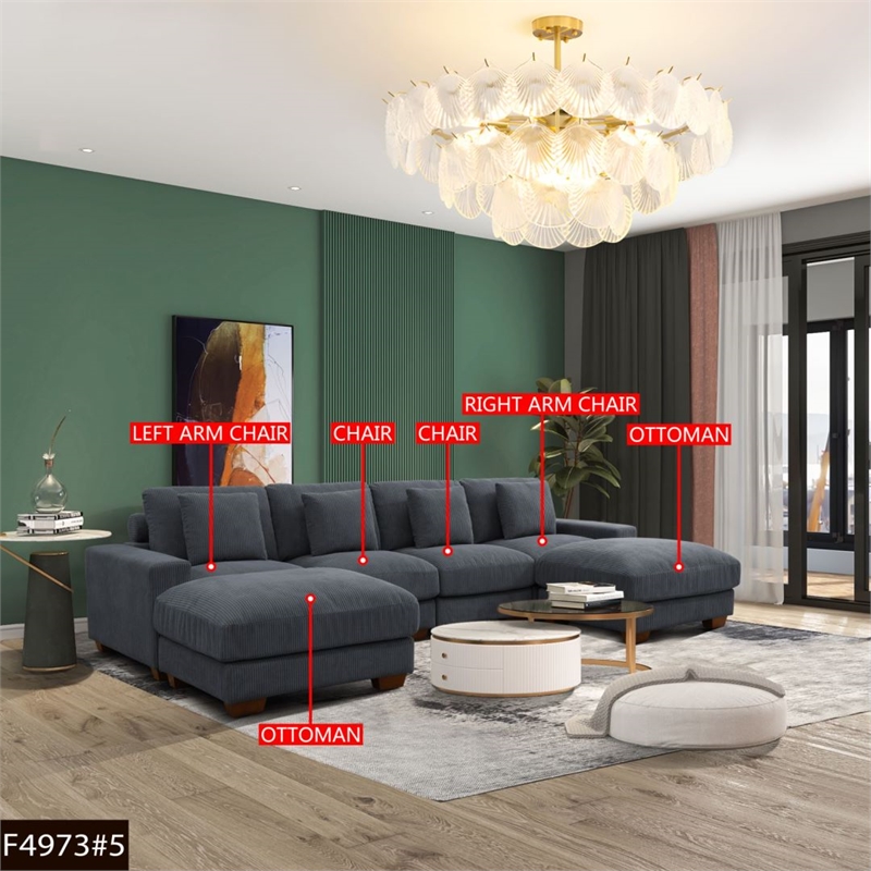 Dark Grey Color Corduroy 6-Piece Living Room Sofa Set with 2 Ottoman