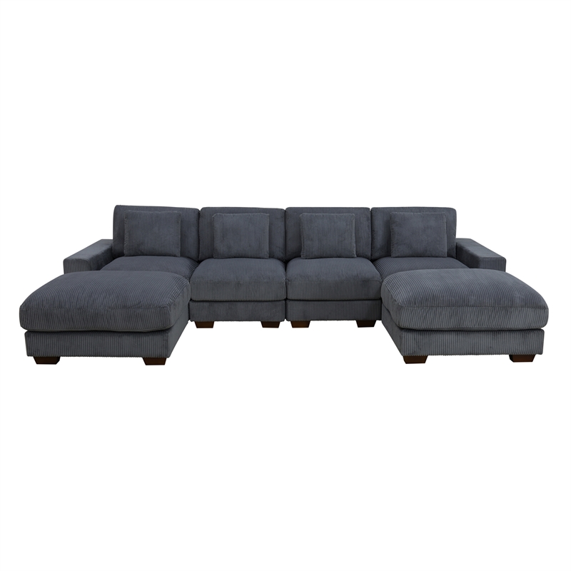 Dark Grey Color Corduroy 6-Piece Living Room Sofa Set with 2 Ottoman