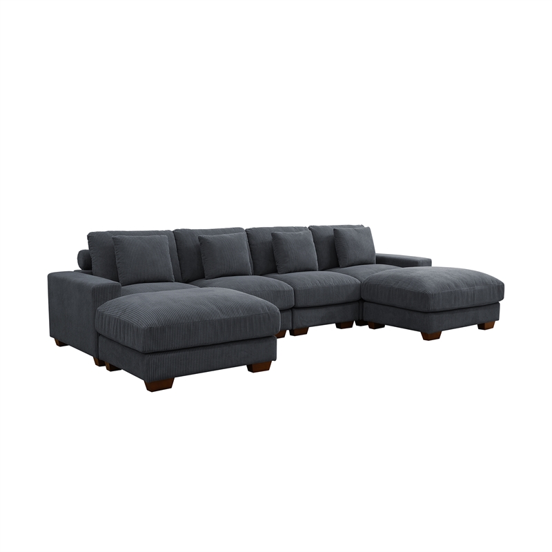 Dark Grey Color Corduroy 6-Piece Living Room Sofa Set with 2 Ottoman