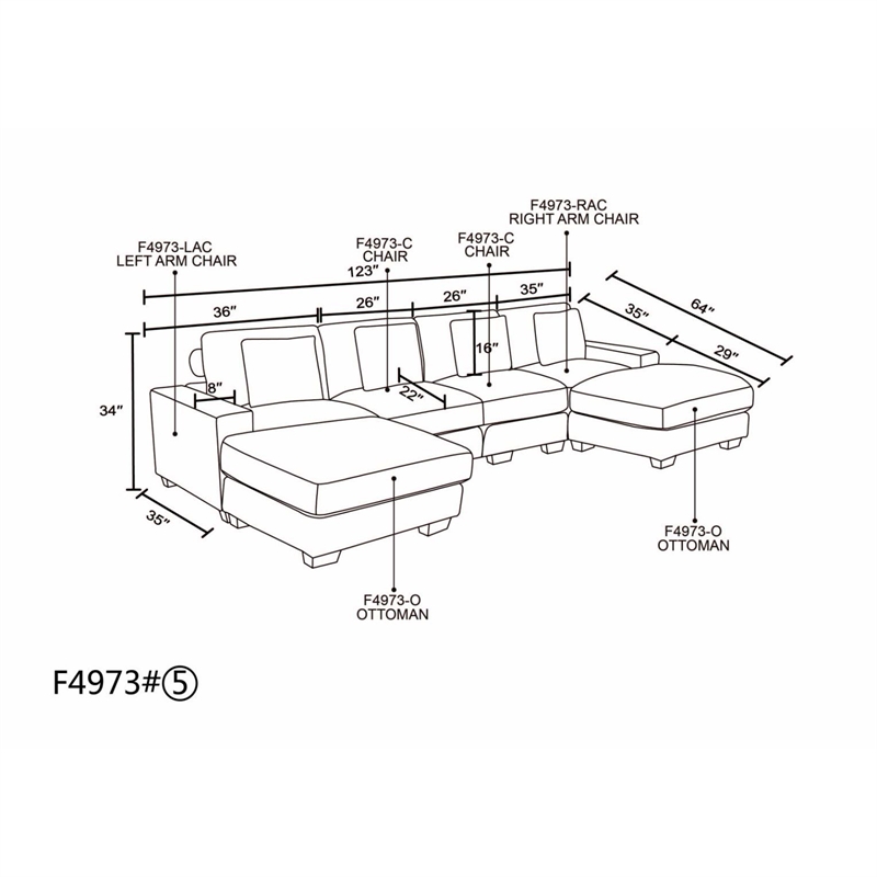 Dark Grey Color Corduroy 6-Piece Living Room Sofa Set with 2 Ottoman