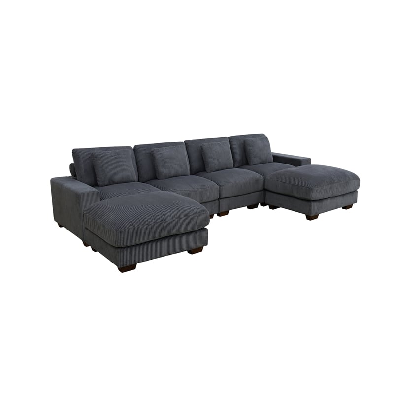Dark Grey Color Corduroy 6-Piece Living Room Sofa Set with 2 Ottoman
