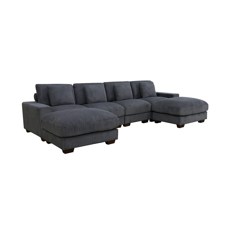 Dark Grey Color Corduroy 6-Piece Living Room Sofa Set with 2 Ottoman