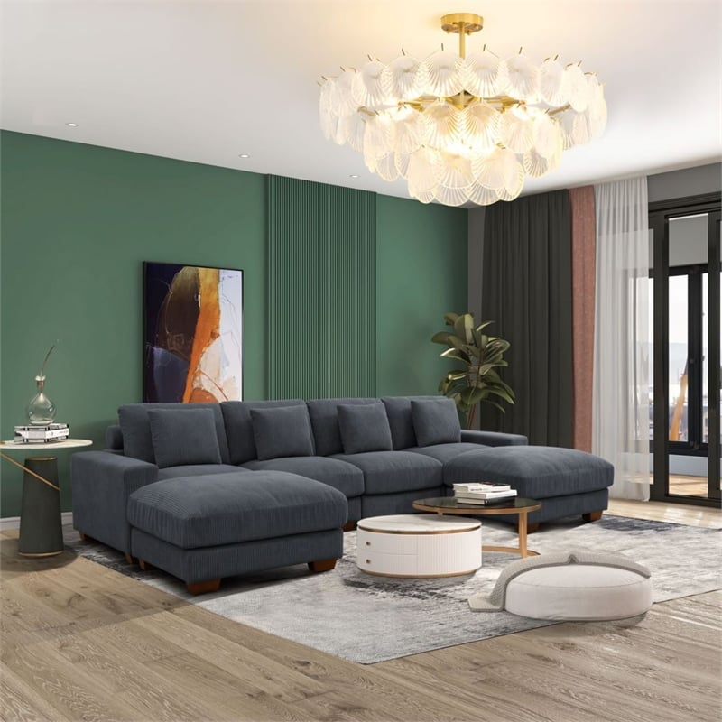 Dark Grey Color Corduroy 6-Piece Living Room Sofa Set with 2 Ottoman