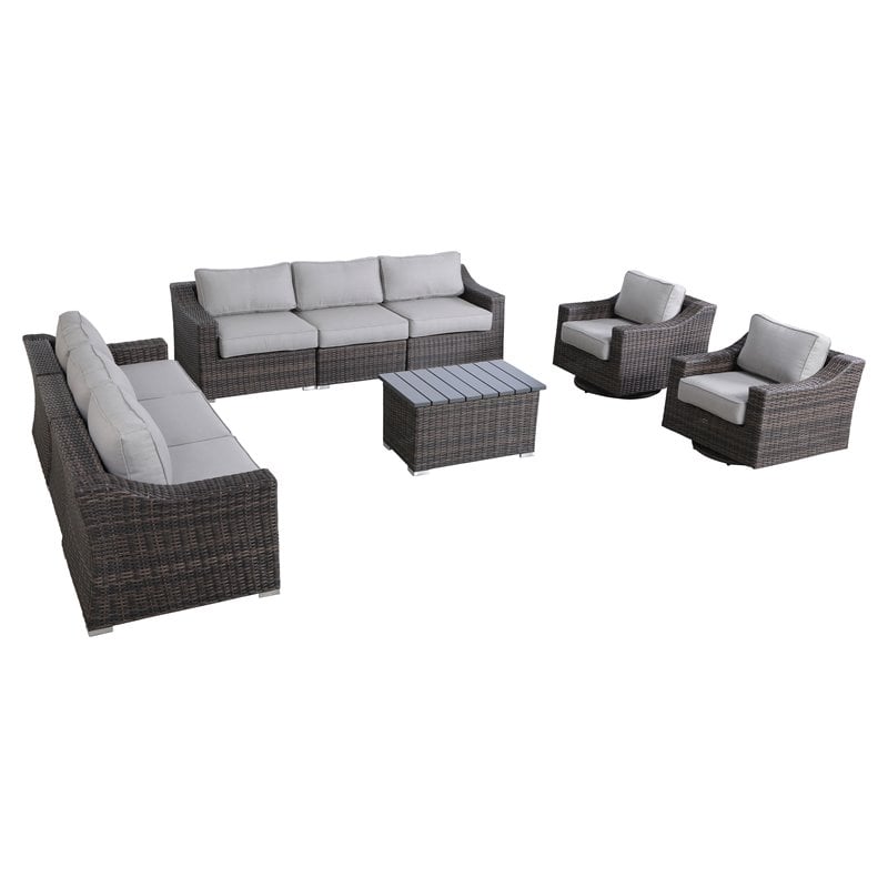 Living Source International 9-Piece Wicker Swivel Rocker Sectional Set - Gray