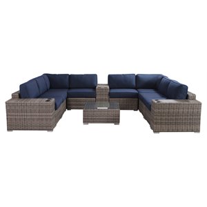 living source international 12-piece wicker sectional set with cushions in blue