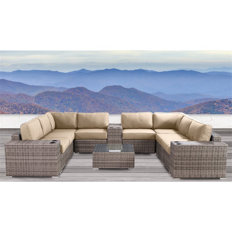 Living Source International 12-Piece Wicker Sectional Set with Cushions in Beige