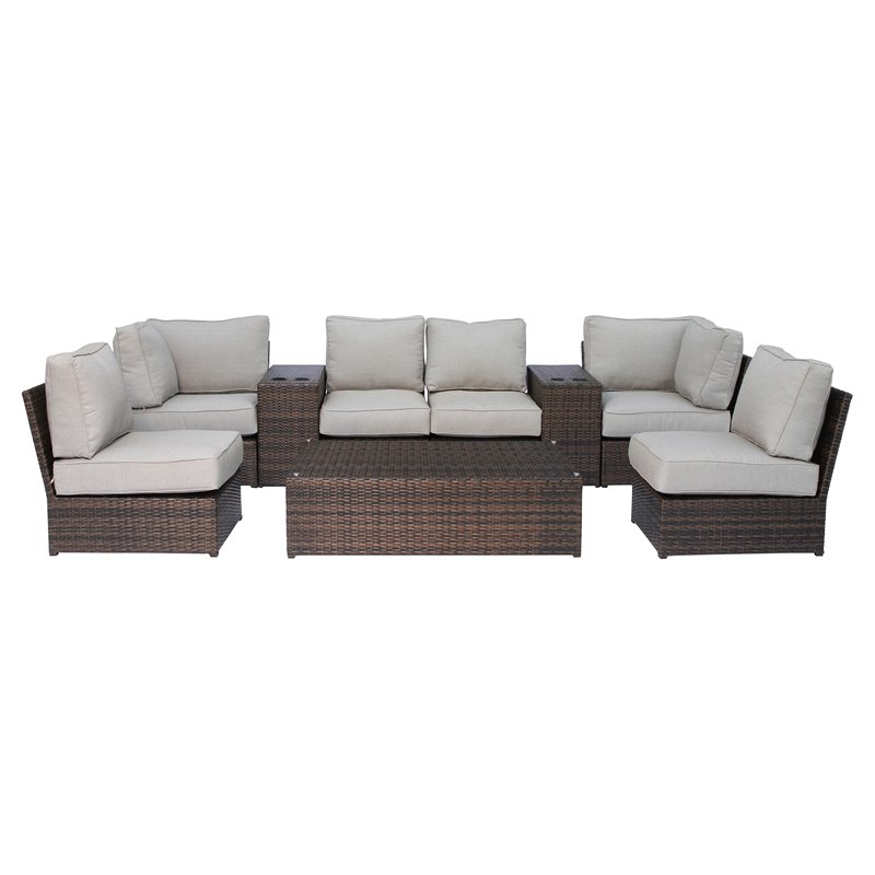 Living Source International 9-Piece Wicker Sectional Set with Cushions in Brown