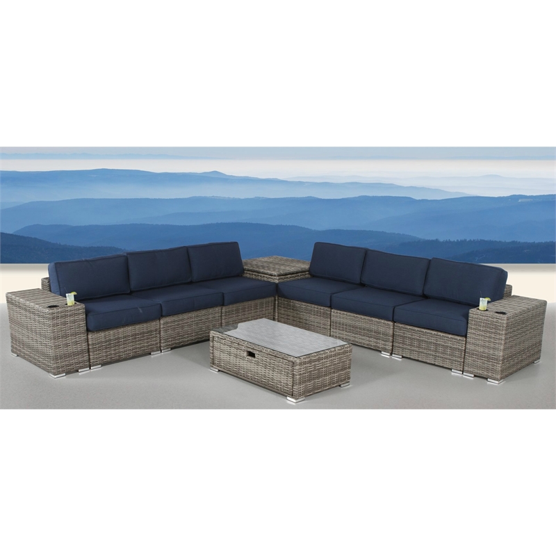 Living Source International 10-Piece Wicker Sectional Set with Cushions in Navy