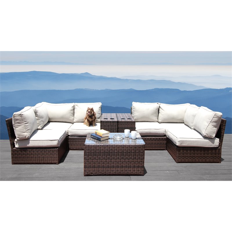 Living Source International 9-Piece Wicker Sectional Set w/Cushion in Espresso