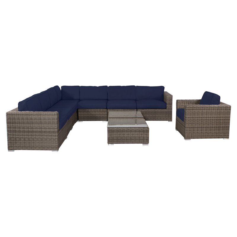 Living Source International 10-Piece Wicker Sectional Set w/Cushions in Navy