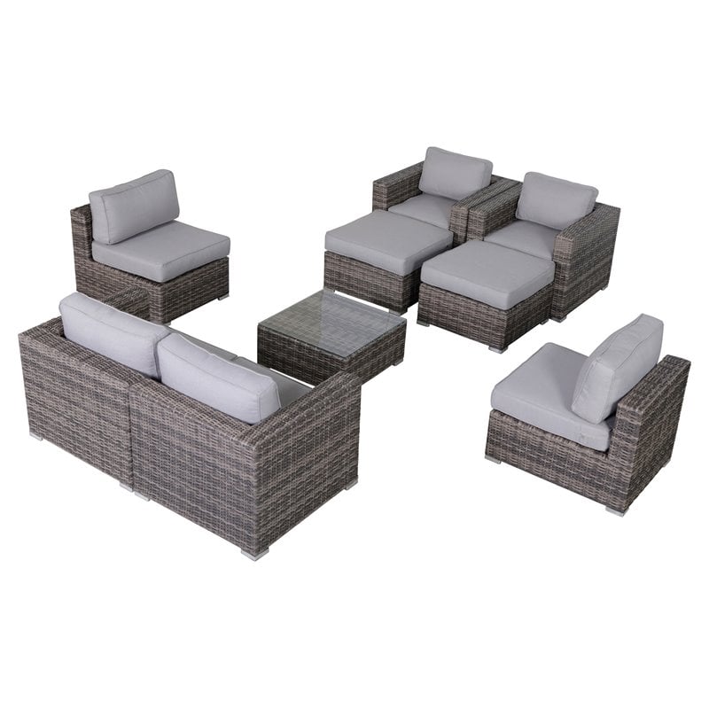 Living Source International 9-Piece Wicker Sectional Set with Cup Table - Gray