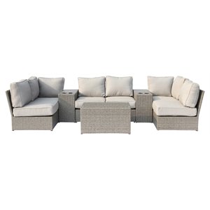 living source international 9-piece wicker sectional set with cup table in gray