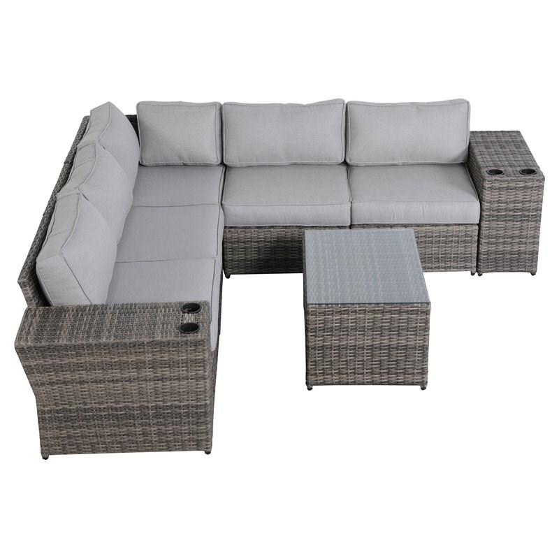Living Source International 8-piece Rattan Sectional Set with Cup Table in Gray