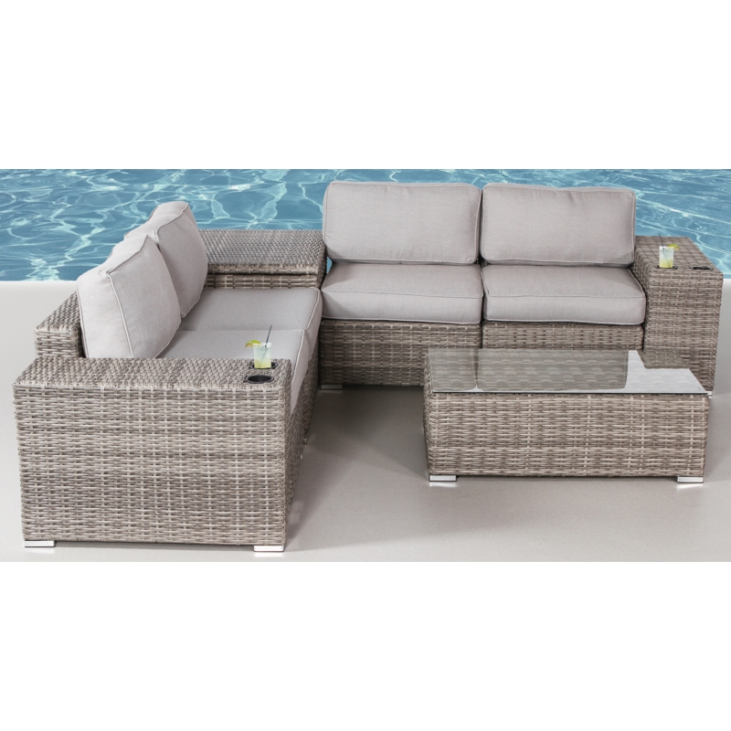 Living Source 8-Piece Wicker / Rattan Sectional Set w/ Cup Holder Table in Gray