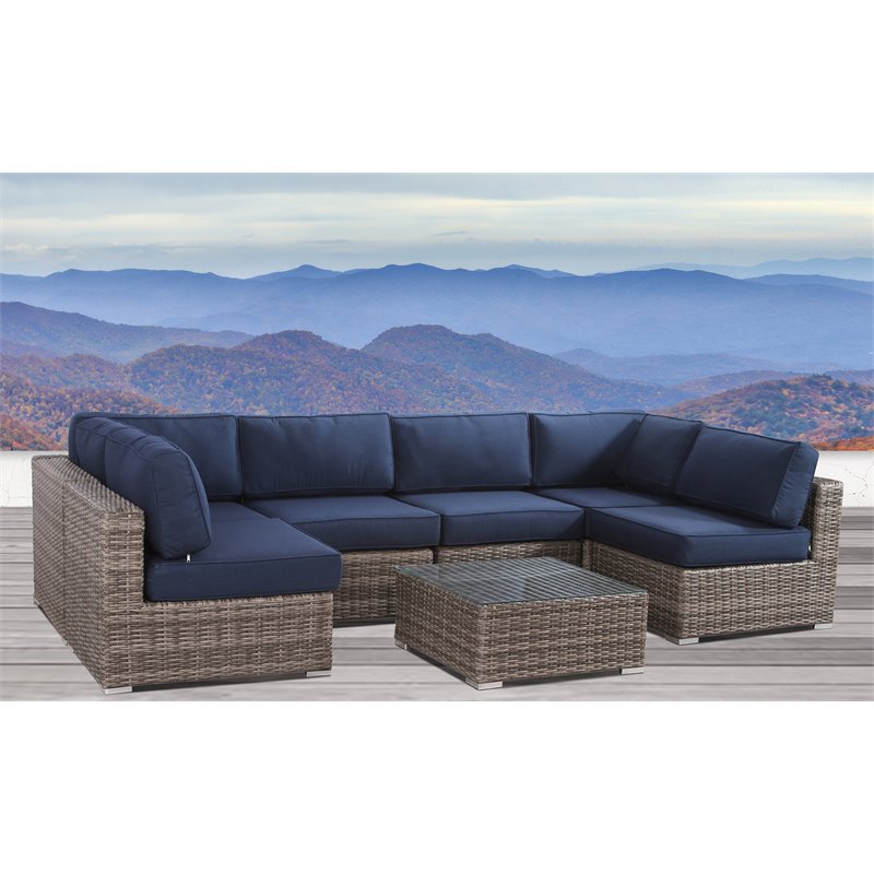 Living Source International 7-Piece Outdoor Seating Set w/ Cushion in Gray/Blue