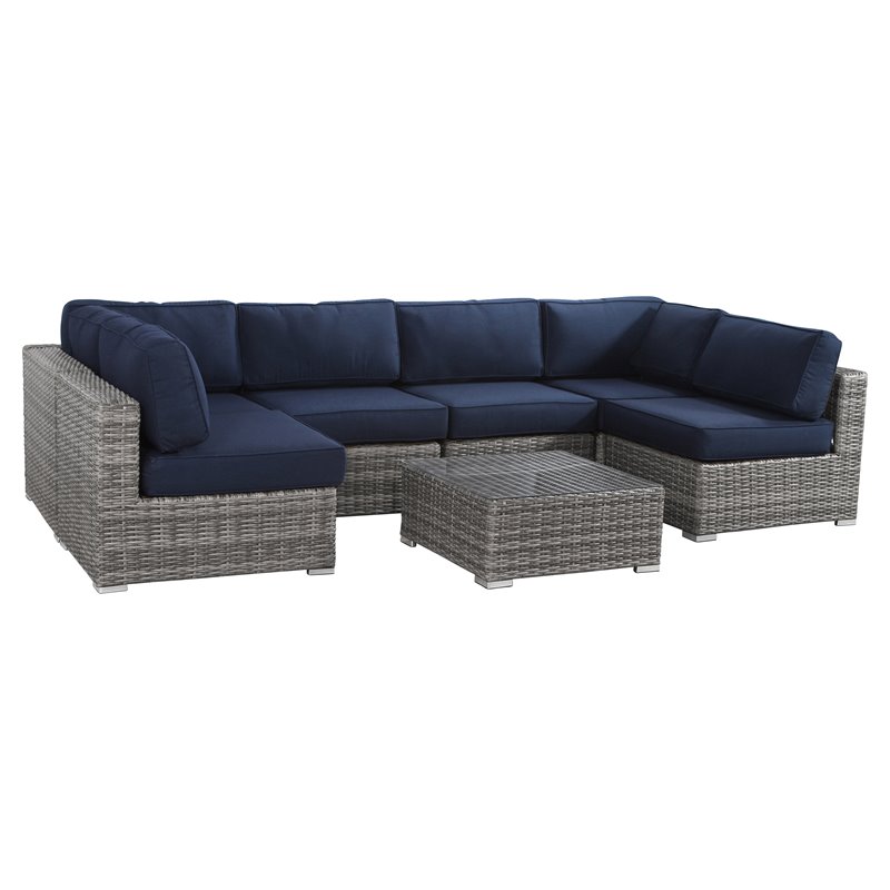 Living Source International 7-Piece Outdoor Seating Set w/ Cushion in Gray/Blue