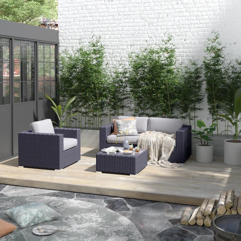 Living Source International Wicker / Rattan 4-Piece Seating Group in Black/Gray